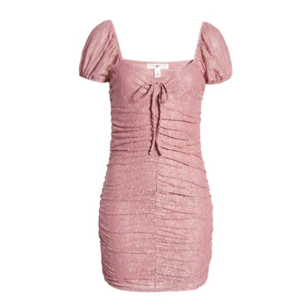 BP Ruched Lace Minidress Pink Nostalgia Coquette Puff Sleeves Bustier Size M